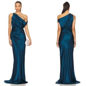 THE SEI Strapped Off Shoulder Silk Ruched Draped Asymmetric Blue Maxi Dress Sz 2